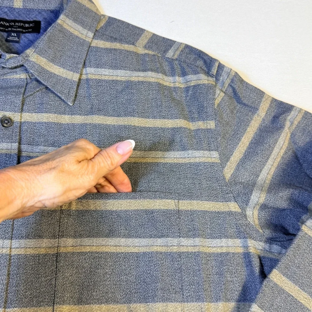 Banana Republic Shirt XL Gray Tan Striped Soft Wash Tailored Slim Fit Cotton